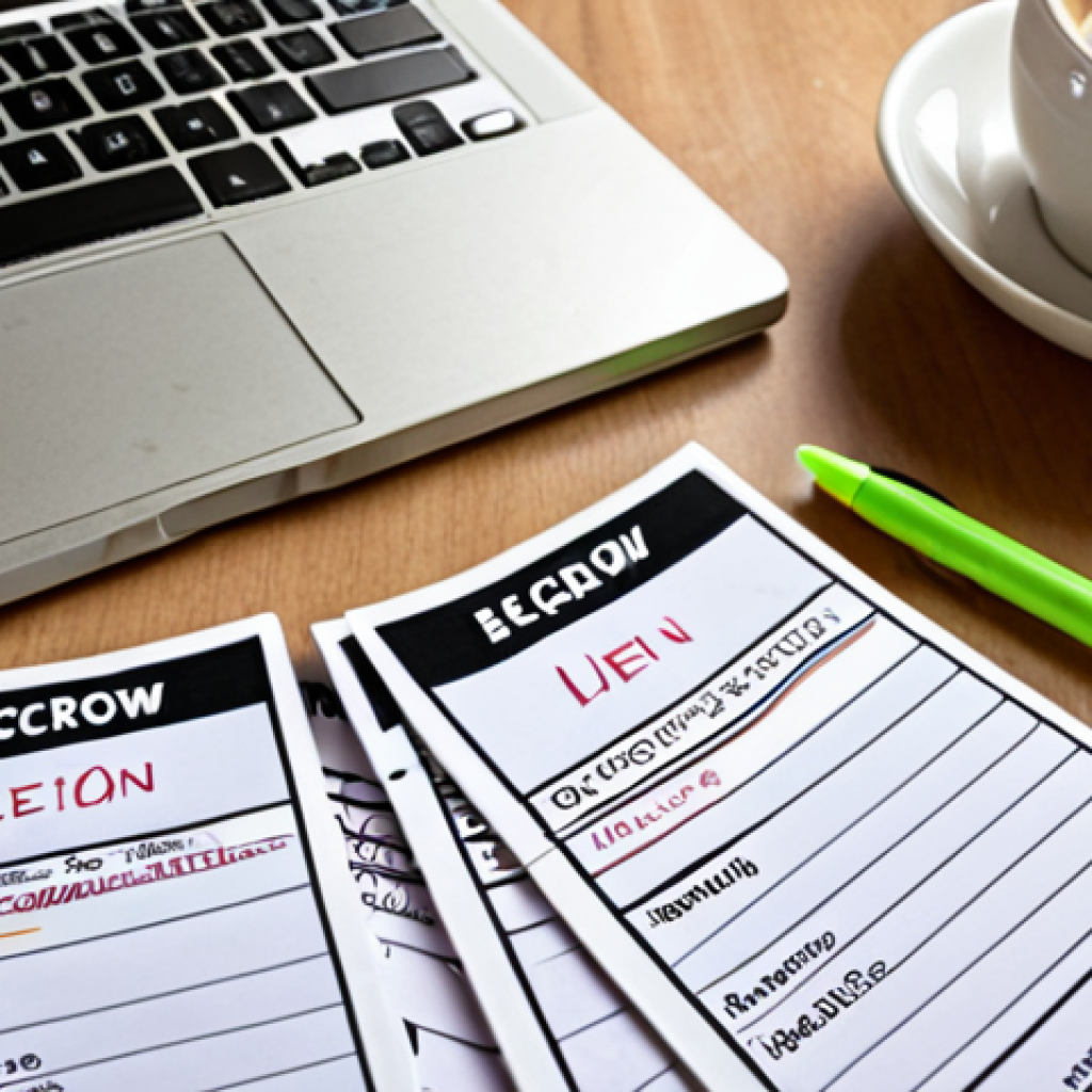 **
A student intensely studying real estate flashcards with terms like "escrow," "amortization," and "lien" written on them. The background shows a messy desk with textbooks, coffee cups, and highlighters, conveying a feeling of focused study.
**