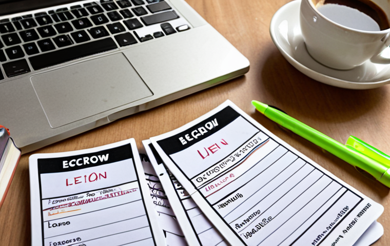 **
A student intensely studying real estate flashcards with terms like "escrow," "amortization," and "lien" written on them. The background shows a messy desk with textbooks, coffee cups, and highlighters, conveying a feeling of focused study.
**