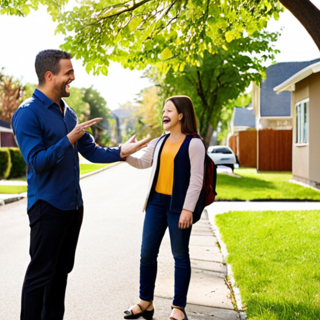 A professional, empathetic real estate agent, with a warm smile, is engaging with a diverse young family (two adults and one child) on a sunny, tree-lined street in a vibrant suburban neighborhood. The agent is gesturing towards a charming local feature, like a community park or a well-regarded school, subtly conveying deep, nuanced local expertise and the intangible benefits of the area. The background features blurred, subtle digital elements (like a transparent overlay of a map or housing data), symbolizing technology's presence but not dominance. The overall mood emphasizes genuine human connection, trust, and the invaluable community insights that only a local expert can provide, going beyond mere online data. Natural lighting, candid and inviting composition.