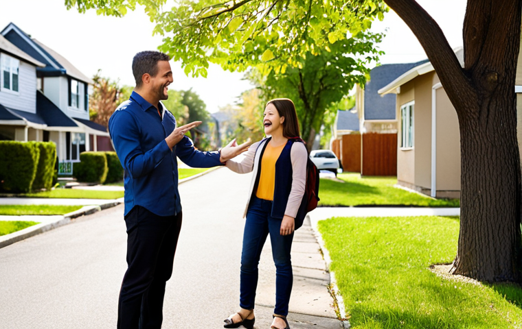 A professional, empathetic real estate agent, with a warm smile, is engaging with a diverse young family (two adults and one child) on a sunny, tree-lined street in a vibrant suburban neighborhood. The agent is gesturing towards a charming local feature, like a community park or a well-regarded school, subtly conveying deep, nuanced local expertise and the intangible benefits of the area. The background features blurred, subtle digital elements (like a transparent overlay of a map or housing data), symbolizing technology's presence but not dominance. The overall mood emphasizes genuine human connection, trust, and the invaluable community insights that only a local expert can provide, going beyond mere online data. Natural lighting, candid and inviting composition.