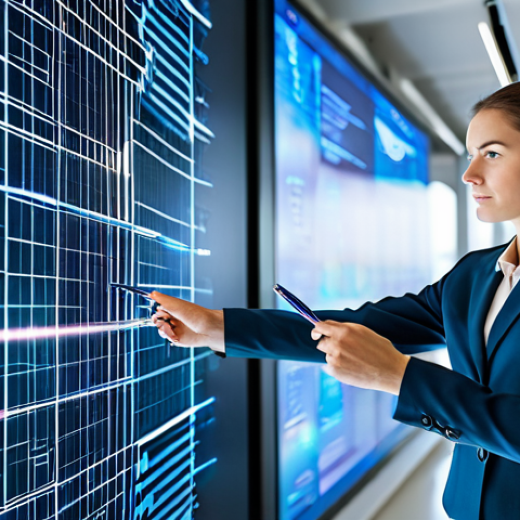 A focused female real estate professional in a modest, tailored business suit, standing in a contemporary office space, interacting with a sleek, glowing holographic display that visualizes complex market data and predictive analytics. She holds a stylus, demonstrating efficiency and digital fluency. The background features blurred, modern architecture. Professional photography, high resolution, soft studio lighting, sharp focus, perfect anatomy, correct proportions, natural pose, well-formed hands, proper finger count, natural body proportions, safe for work, appropriate content, fully clothed, professional dress.