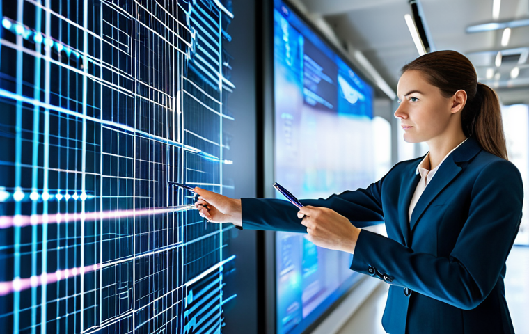 A focused female real estate professional in a modest, tailored business suit, standing in a contemporary office space, interacting with a sleek, glowing holographic display that visualizes complex market data and predictive analytics. She holds a stylus, demonstrating efficiency and digital fluency. The background features blurred, modern architecture. Professional photography, high resolution, soft studio lighting, sharp focus, perfect anatomy, correct proportions, natural pose, well-formed hands, proper finger count, natural body proportions, safe for work, appropriate content, fully clothed, professional dress.