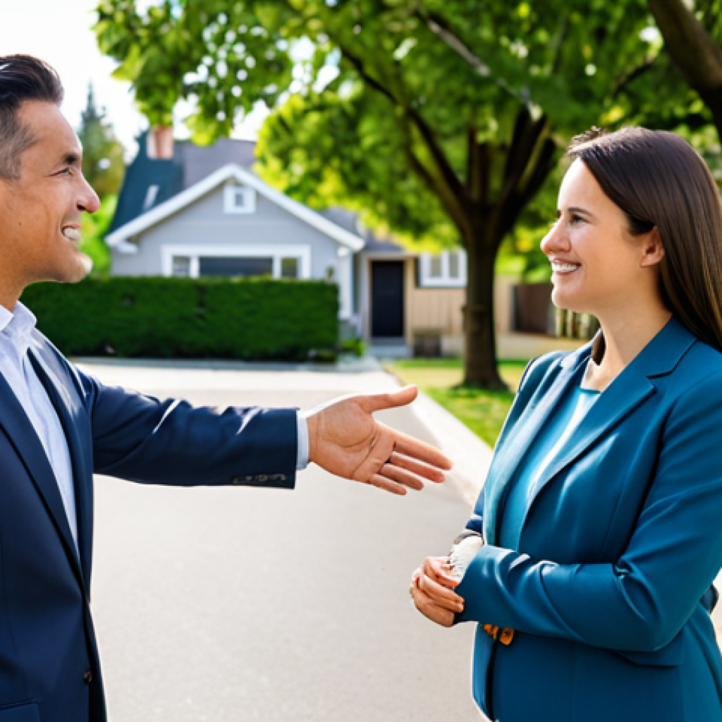 A professional female real estate agent in a modest business blazer and slacks, confidently discussing local market trends with a diverse couple. They are standing on a charming, tree-lined street in a well-maintained suburban neighborhood with modern homes in the background, bathed in natural daylight. The agent is gesturing towards the neighborhood with a friendly, reassuring expression. fully clothed, appropriate attire, safe for work, perfect anatomy, correct proportions, natural pose, well-formed hands, proper finger count, natural body proportions, professional photography, high quality, appropriate content, professional, family-friendly.