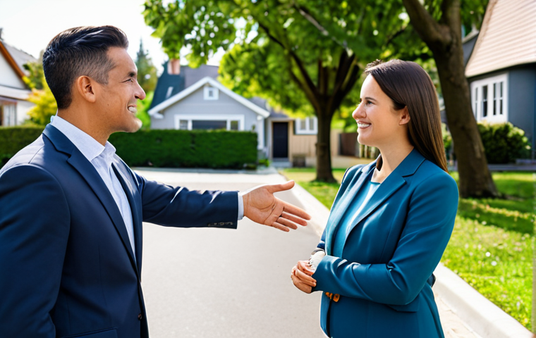 A professional female real estate agent in a modest business blazer and slacks, confidently discussing local market trends with a diverse couple. They are standing on a charming, tree-lined street in a well-maintained suburban neighborhood with modern homes in the background, bathed in natural daylight. The agent is gesturing towards the neighborhood with a friendly, reassuring expression. fully clothed, appropriate attire, safe for work, perfect anatomy, correct proportions, natural pose, well-formed hands, proper finger count, natural body proportions, professional photography, high quality, appropriate content, professional, family-friendly.