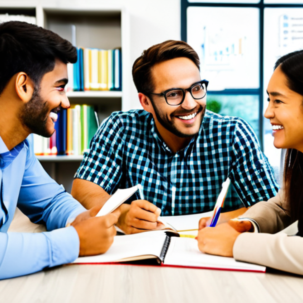 Collaborative Study Session**
"A diverse group of adult students, fully clothed in casual and professional attire, sitting around a table covered with textbooks, notes, and highlighters, engaged in lively discussion about real estate concepts. The setting is a bright, modern library or co-working space. Each student has a smile. Safe for work, appropriate content, modest clothing, perfect anatomy, correct proportions, professional. A whiteboard in the background shows diagrams related to property valuation. High quality, professional illustration."
**