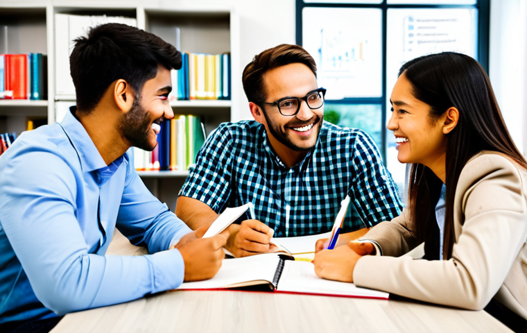 Collaborative Study Session**
"A diverse group of adult students, fully clothed in casual and professional attire, sitting around a table covered with textbooks, notes, and highlighters, engaged in lively discussion about real estate concepts. The setting is a bright, modern library or co-working space. Each student has a smile. Safe for work, appropriate content, modest clothing, perfect anatomy, correct proportions, professional. A whiteboard in the background shows diagrams related to property valuation. High quality, professional illustration."
**