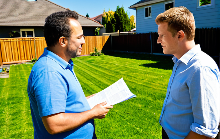 Boundary Dispute Discussion**
"A professional mediator facilitating a discussion between two neighbors in a sunny backyard. The neighbors are fully clothed in casual, modest attire, looking at property survey documents. A freshly painted wooden fence is visible in the background. Safe for work, appropriate content, perfect anatomy, natural proportions, professional setting, family-friendly."
**