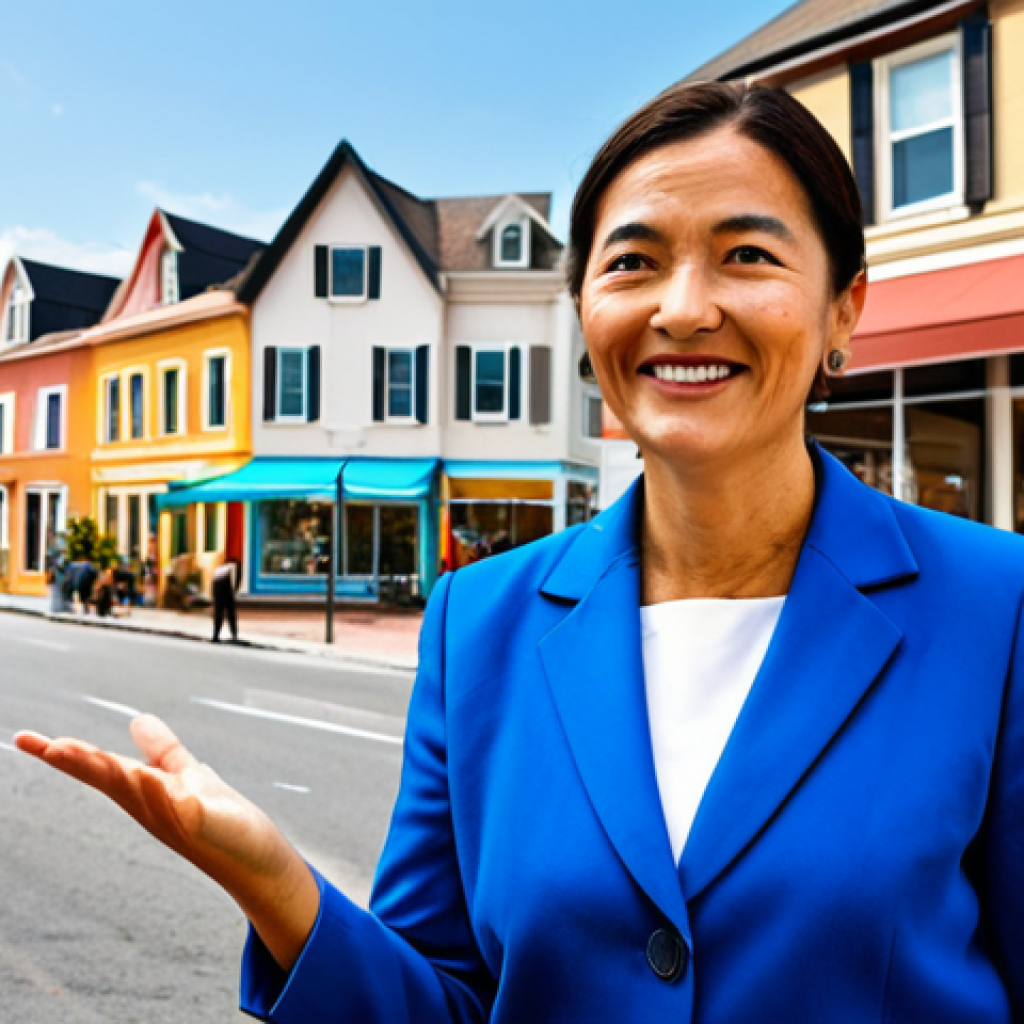 "Hyperlocal Expert"**
A friendly real estate agent, fully clothed in professional attire, stands on a sunny street corner in a charming neighborhood. She is gesturing towards a local bakery with outdoor seating. In the background, there are colorful shops and well-maintained houses. The scene evokes a sense of community and local knowledge. "Safe for work," "appropriate content," "professional," "family-friendly," "perfect anatomy," "correct proportions," "natural pose," "well-formed hands," "proper finger count," "natural body proportions."
**