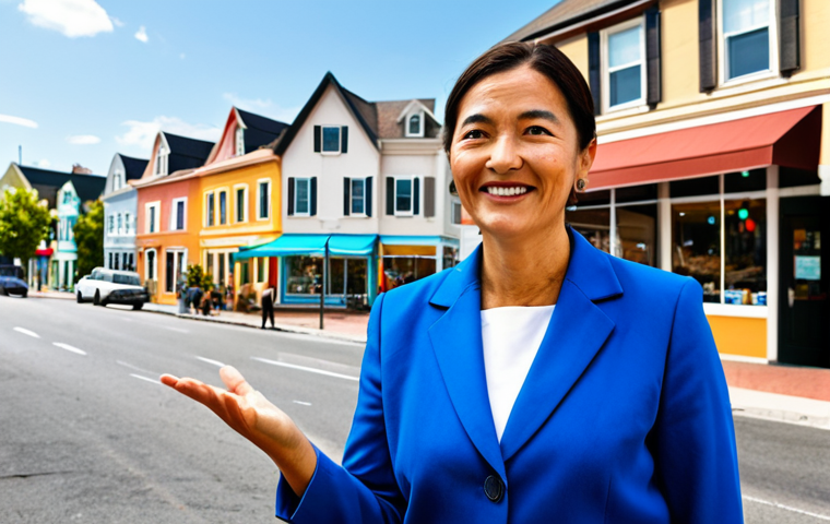 "Hyperlocal Expert"**
A friendly real estate agent, fully clothed in professional attire, stands on a sunny street corner in a charming neighborhood. She is gesturing towards a local bakery with outdoor seating. In the background, there are colorful shops and well-maintained houses. The scene evokes a sense of community and local knowledge. "Safe for work," "appropriate content," "professional," "family-friendly," "perfect anatomy," "correct proportions," "natural pose," "well-formed hands," "proper finger count," "natural body proportions."
**