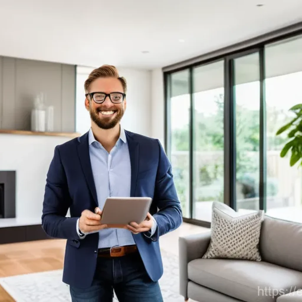 공인중개사 부동산 중개 관련 최신 정보 - **Prompt:** A professional real estate agent, dressed in smart business casual attire, stands in a b...