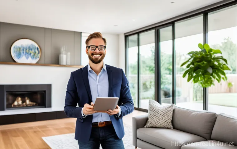 공인중개사 부동산 중개 관련 최신 정보 - **Prompt:** A professional real estate agent, dressed in smart business casual attire, stands in a b...