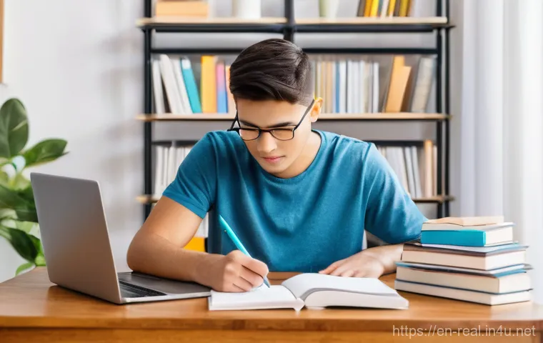 공인중개사 시험을 처음 준비하는 사람에게 - Image Prompt 1: The Diligent Student's Study Hub**