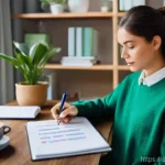 공인중개사 시험 재수 성공 전략 - **Prompt:** A person, appearing to be in their late 20s to early 30s, sits at a clean, modern desk i...