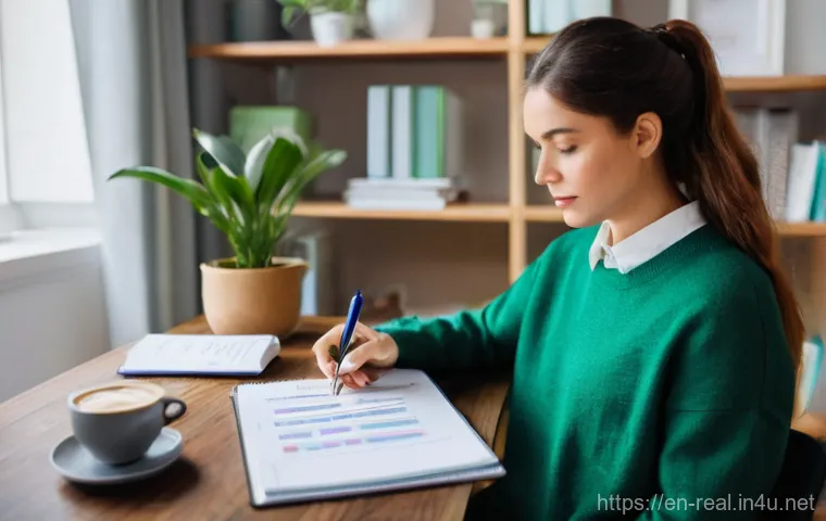 공인중개사 시험 재수 성공 전략 - **Prompt:** A person, appearing to be in their late 20s to early 30s, sits at a clean, modern desk i...