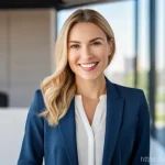 공인중개사 자격증 취득 후 부동산 시장 진출 전략 - A confident female real estate agent, late 20s to early 30s, with a warm, approachable smile, is pro...