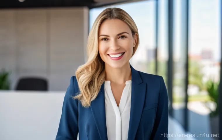 공인중개사 자격증 취득 후 부동산 시장 진출 전략 - A confident female real estate agent, late 20s to early 30s, with a warm, approachable smile, is pro...