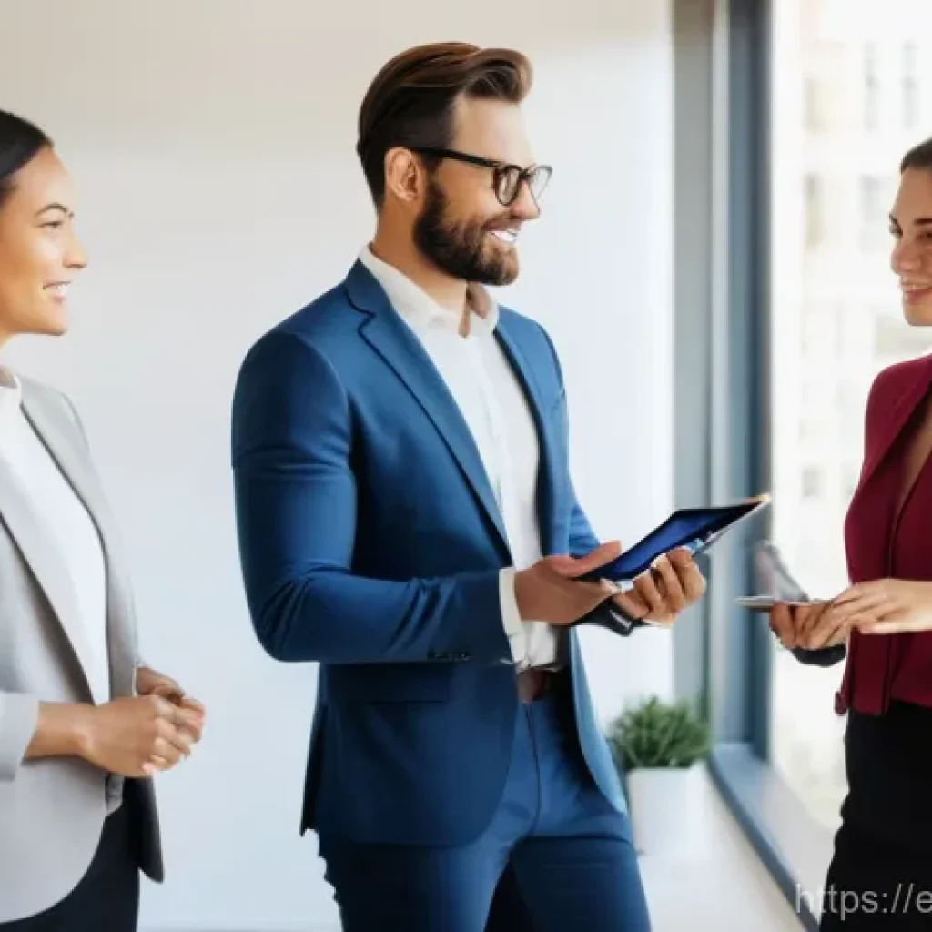 공인중개사 시험 관련 출제 경향 분석 - **Prompt:** "A diverse group of three professional real estate agents, two women and one man, in the...