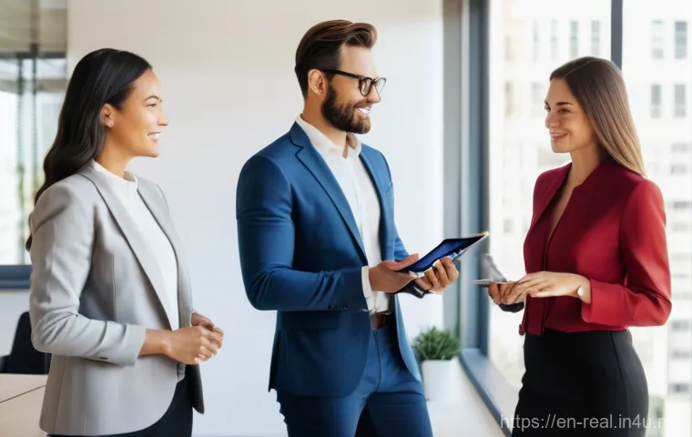 공인중개사 시험 관련 출제 경향 분석 - **Prompt:** "A diverse group of three professional real estate agents, two women and one man, in the...