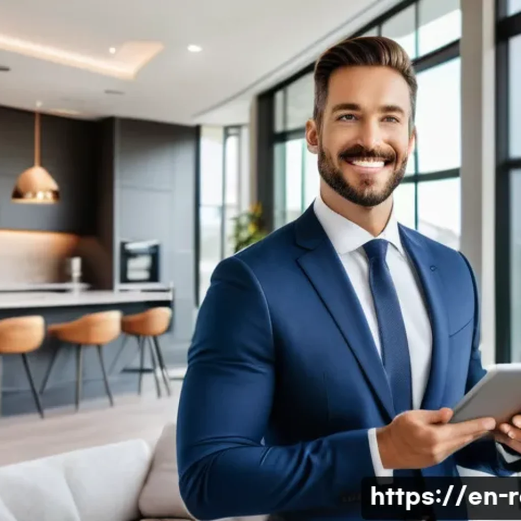 공인중개사 자격증의 활용성과 한계 - A confident real estate agent in professional attire, standing inside a modern luxury home&rsquo;s spaciou...