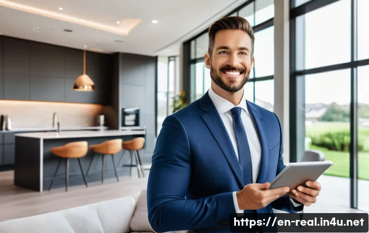 공인중개사 자격증의 활용성과 한계 - A confident real estate agent in professional attire, standing inside a modern luxury home&rsquo;s spaciou...