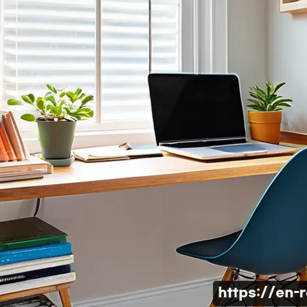 공인중개사 시험을 위한 집중 학습 전략 - A cozy, well-organized home study nook bathed in natural sunlight, featuring a modern wooden desk wi...