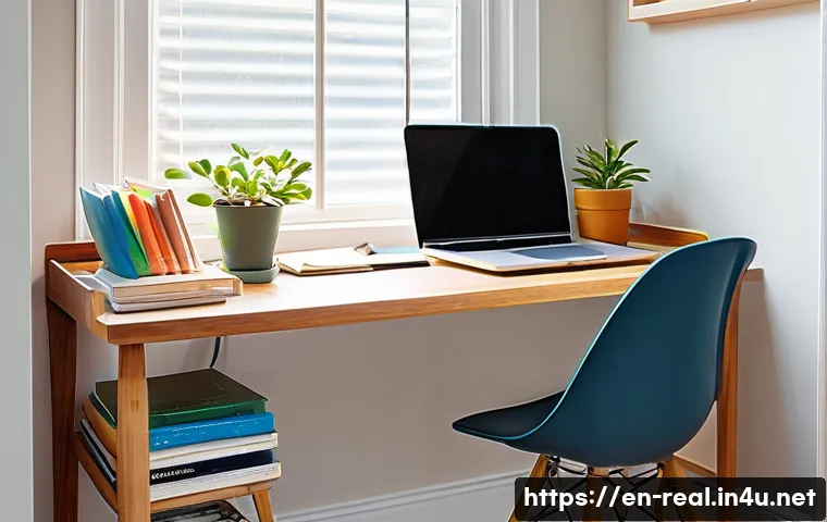 공인중개사 시험을 위한 집중 학습 전략 - A cozy, well-organized home study nook bathed in natural sunlight, featuring a modern wooden desk wi...