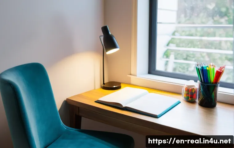 공인중개사 시험을 위한 집중력 향상 기법 - A cozy, well-organized home study nook bathed in soft natural light from a nearby window, featuring ...