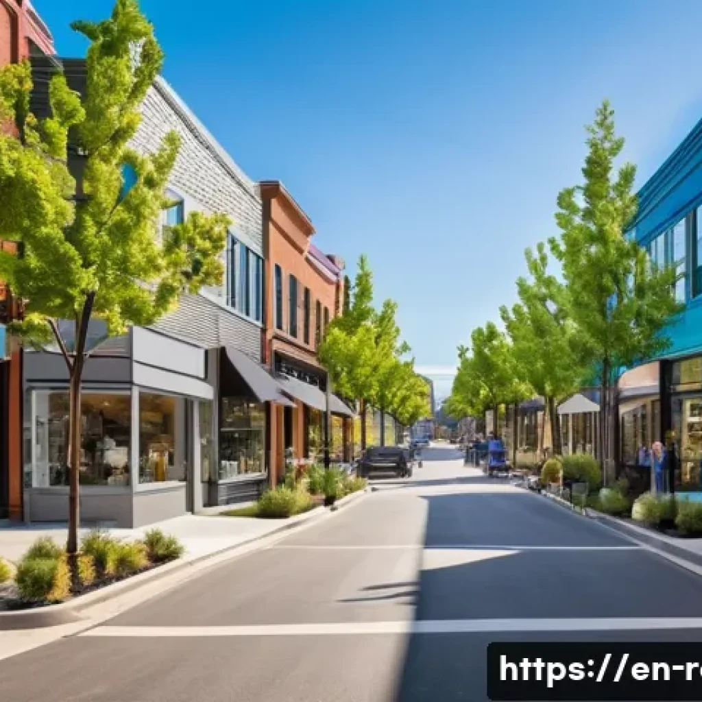 공인중개사 부동산 컨설팅 성공 사례 - A vibrant urban neighborhood showing signs of revitalization: modern small businesses with bright si...