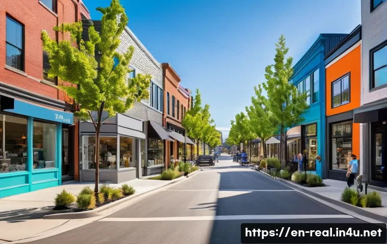 공인중개사 부동산 컨설팅 성공 사례 - A vibrant urban neighborhood showing signs of revitalization: modern small businesses with bright si...