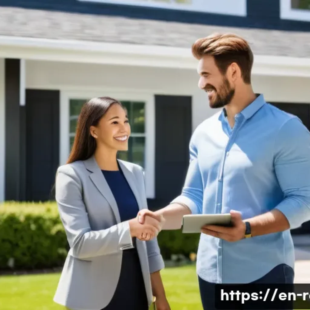 공인중개사 자격증과 관련된 사회적 가치의 연구 - A professional real estate agent in business attire, confidently shaking hands with a diverse couple...