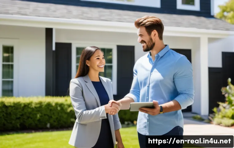 공인중개사 자격증과 관련된 사회적 가치의 연구 - A professional real estate agent in business attire, confidently shaking hands with a diverse couple...