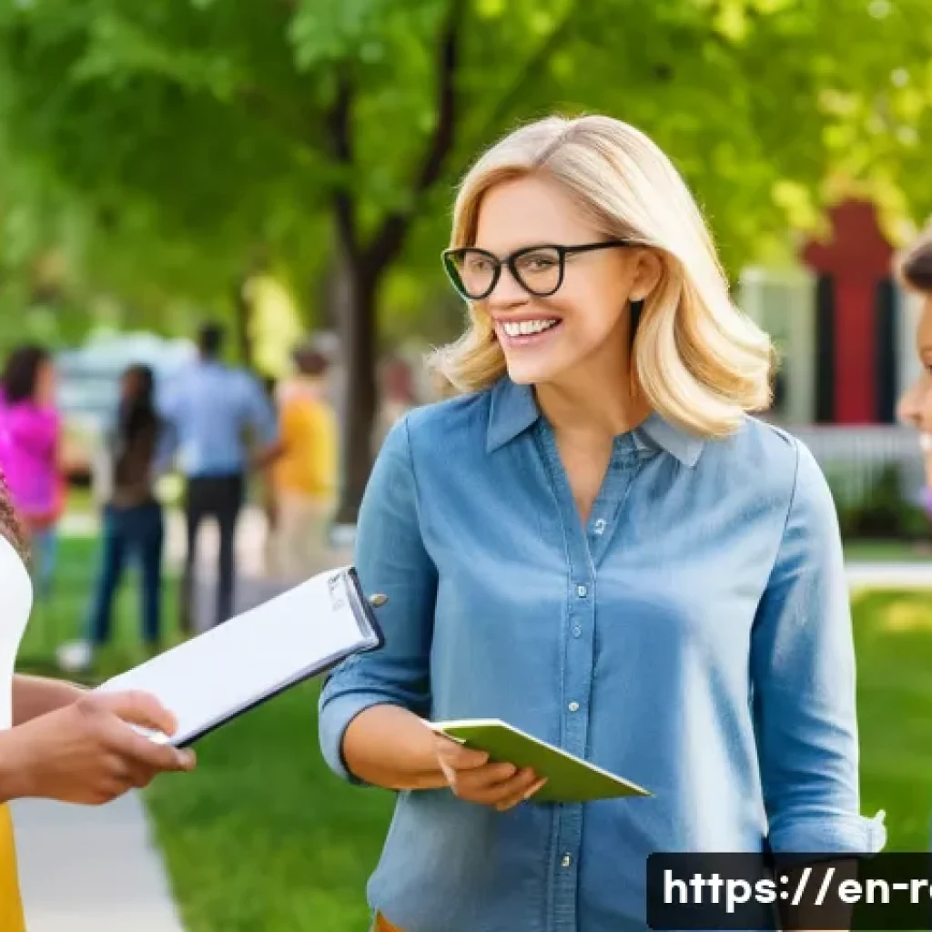 공인중개사 자격증 취득 후 지역 부동산 시장에서의 성공 사례 - A vibrant neighborhood scene showing a real estate agent engaging warmly with diverse local resident...