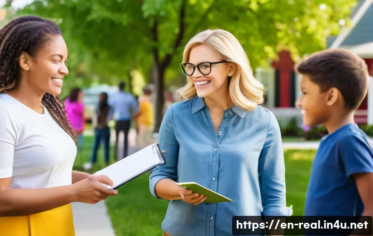 공인중개사 자격증 취득 후 지역 부동산 시장에서의 성공 사례 - A vibrant neighborhood scene showing a real estate agent engaging warmly with diverse local resident...