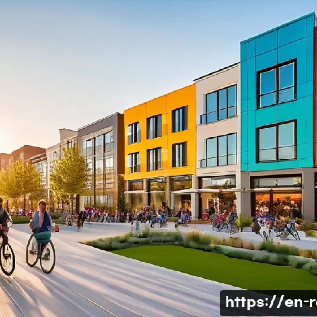 공인중개사 부동산 관련 정책 변화 - A vibrant urban mixed-use development scene during golden hour, showcasing modern buildings with ret...