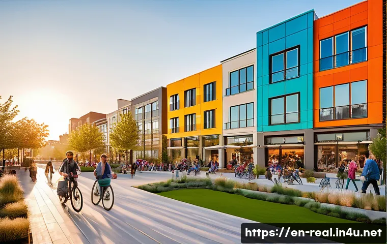 공인중개사 부동산 관련 정책 변화 - A vibrant urban mixed-use development scene during golden hour, showcasing modern buildings with ret...