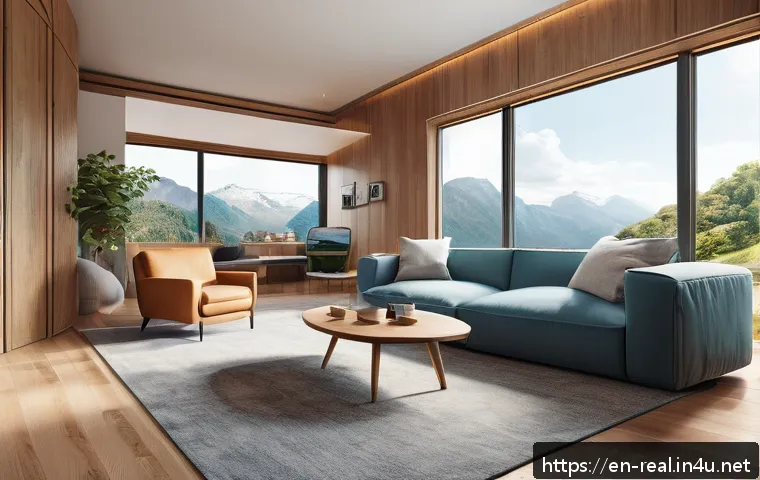 공인중개사와 최신 부동산 기술 적용 사례 - A modern living room showcasing a virtual reality home tour experience: a young professional wearing...
