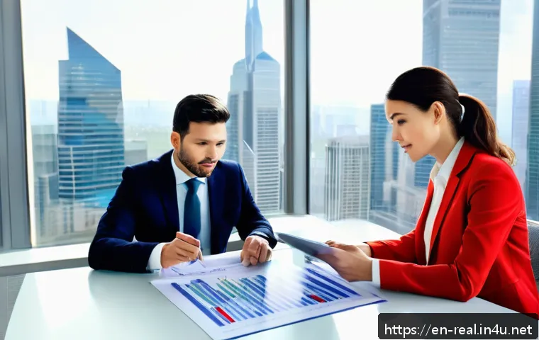 공인중개사와 부동산 세무사 협업 - A professional real estate agent and a tax advisor collaborating in a modern office setting, reviewi...