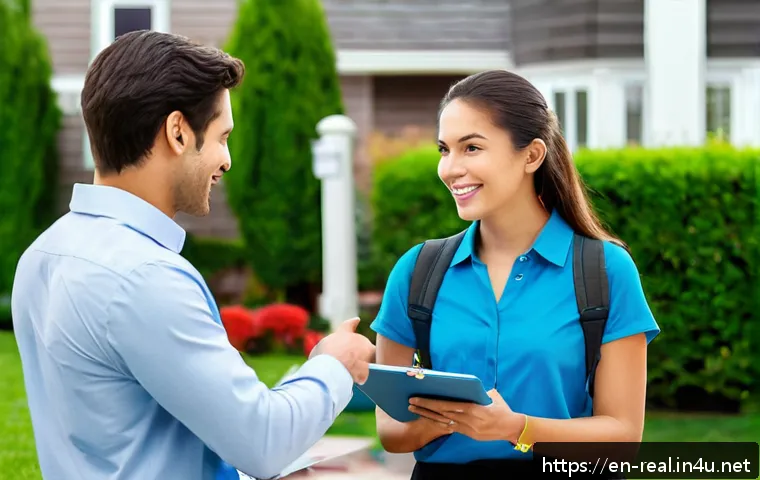 공인중개사와 부동산 컨설턴트 차이 - A professional real estate agent showing a modern suburban house to a young couple, wearing business...