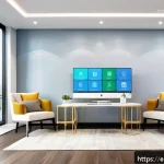 Home 18 공인중개사와 최신 기술의 접목 사례 - A modern real estate agent’s office featuring a large digital touchscreen displaying AI-powered pers...