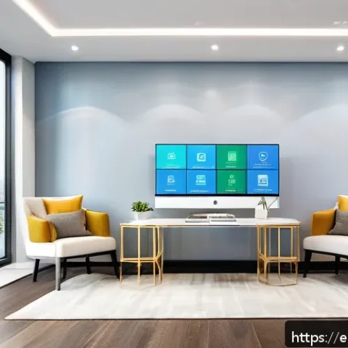 Home 30 공인중개사와 최신 기술의 접목 사례 - A modern real estate agent’s office featuring a large digital touchscreen displaying AI-powered pers...