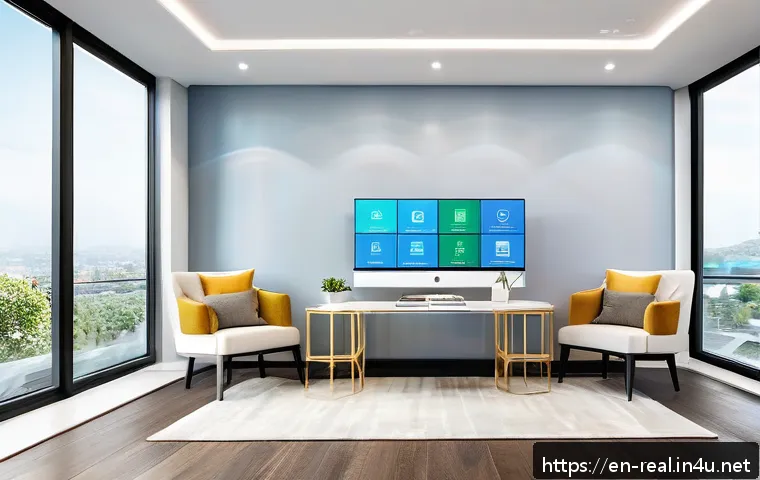 공인중개사와 최신 기술의 접목 사례 - A modern real estate agent&rsquo;s office featuring a large digital touchscreen displaying AI-powered pers...